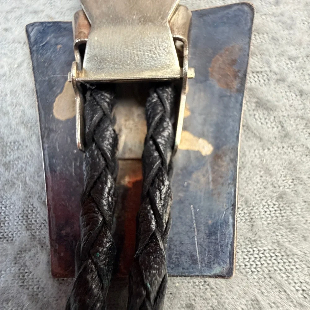 Vintage Hopi Sterling Silver Overlay Turtle Bolo Tie Braided Black Leather Tie